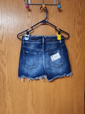 KanCan Dark Blue Frayed Hem Denim Shorts womens 26 number 940